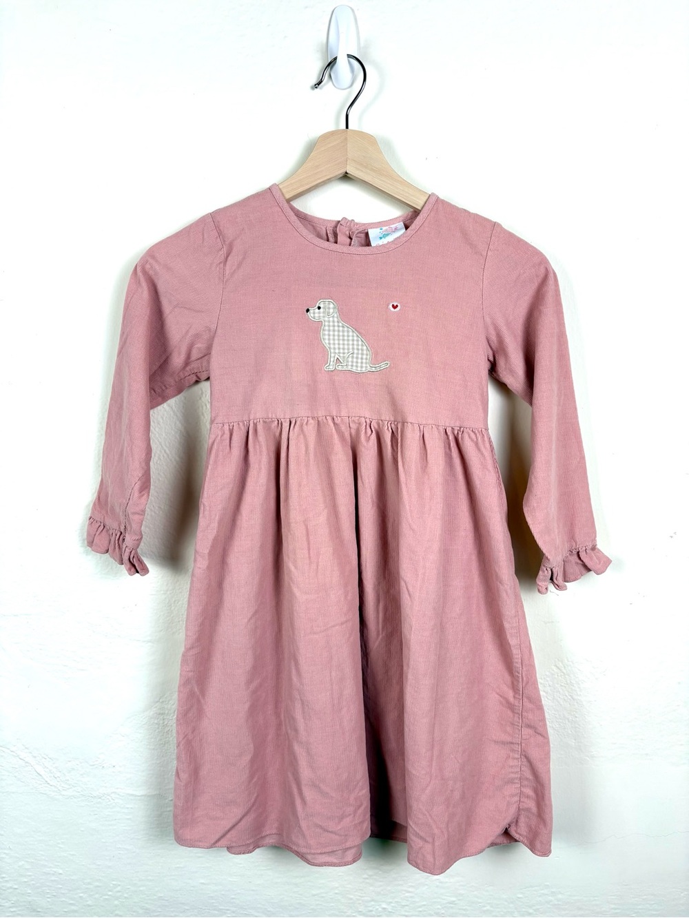 Stitchy Fish Girls Size 8 Pink Corduroy Dog Puppy Applique Dress Long Sleeve